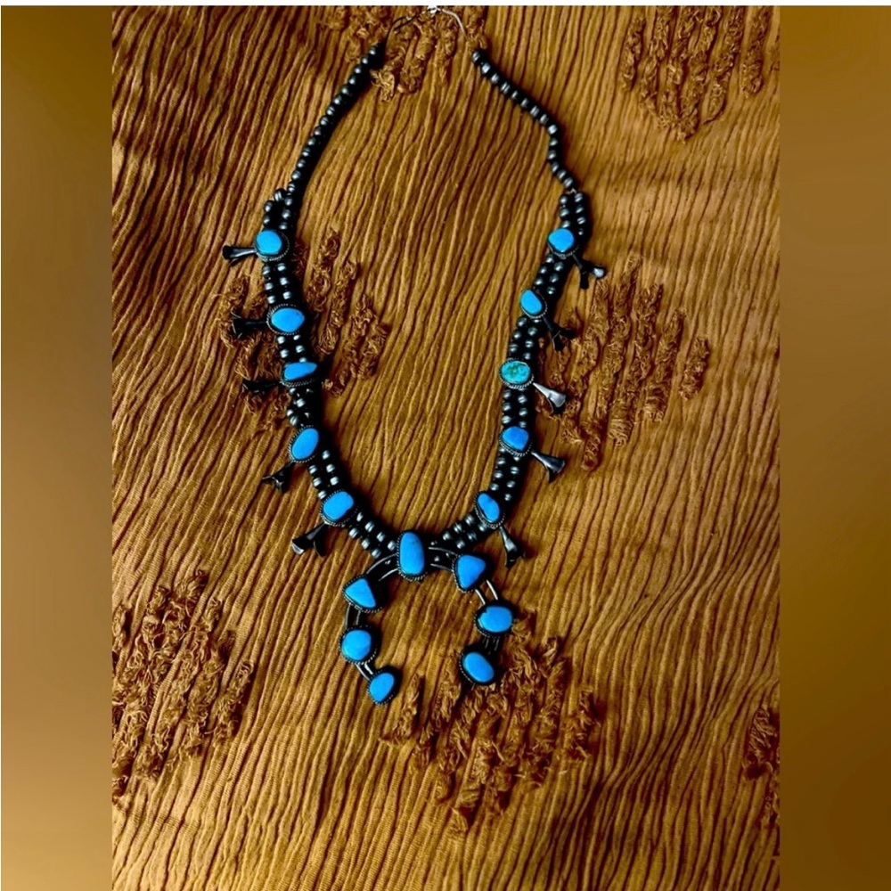 Vintage silver, and turquoise squash, blossom necklace